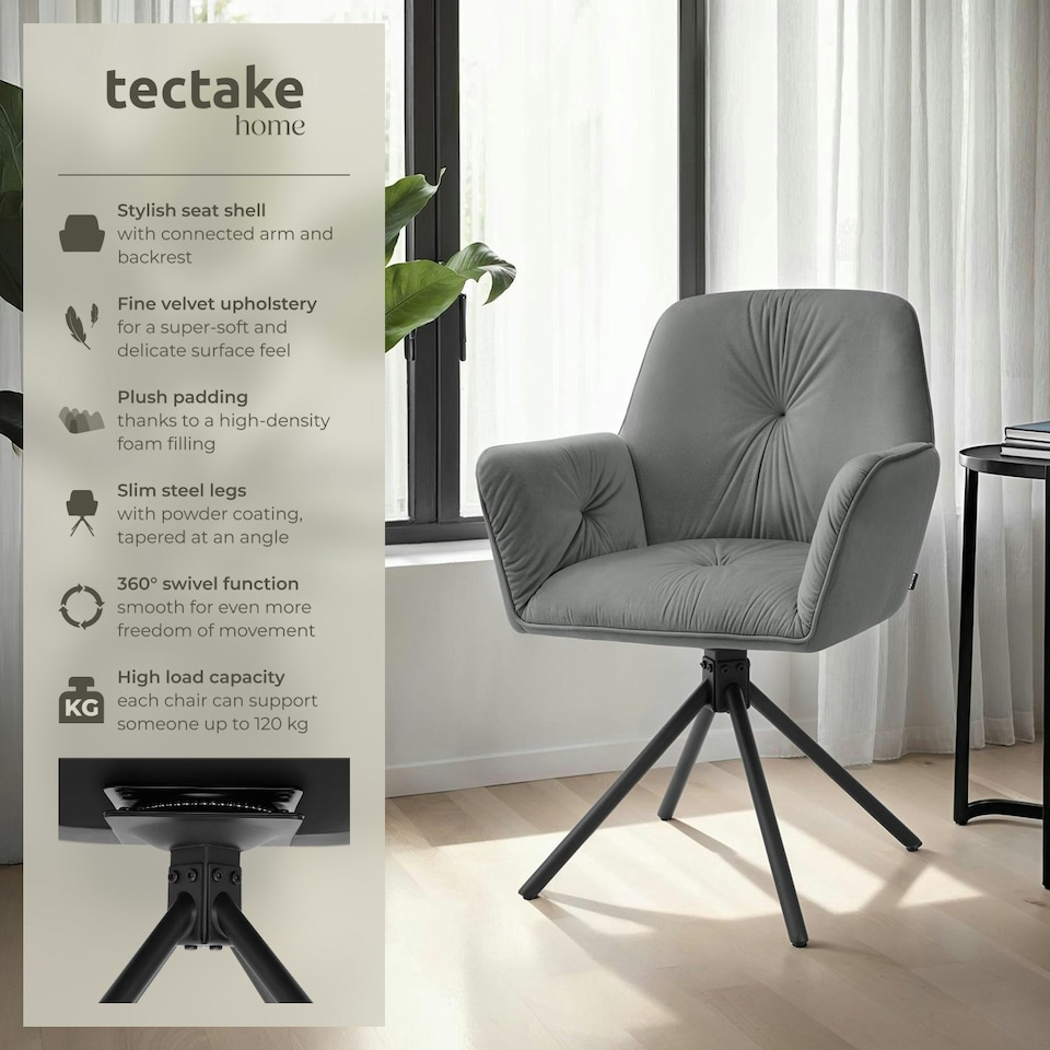 image 1 of Swivel Chair Lenia - upholstered, padded, 56.5 x 54 x 86 cm - Set of 2 Grey | Velvet Look Anthracite/Black