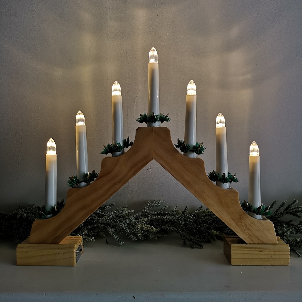 image 1 of 40cm Premier Christmas Candlebridge with 7 Bulbs in Light Wood Battery Operated