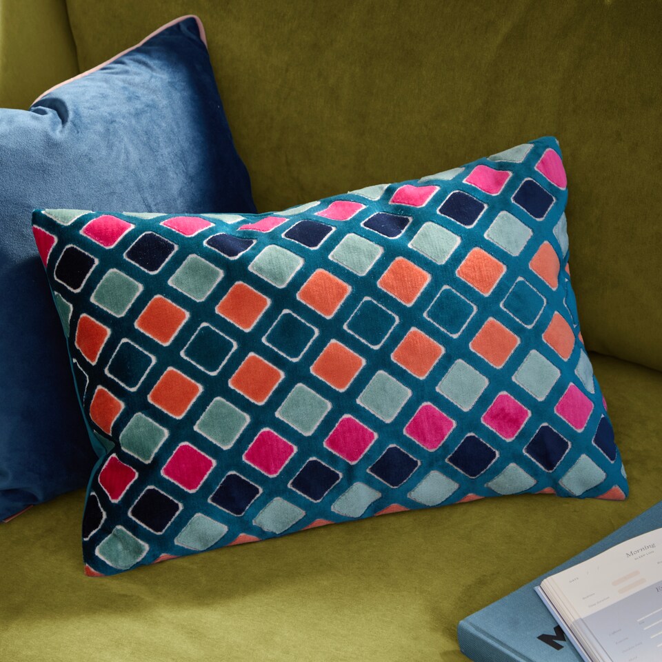 image 1 of Furn Metro Diamond Velvet Cushion | Multi | Multicolour