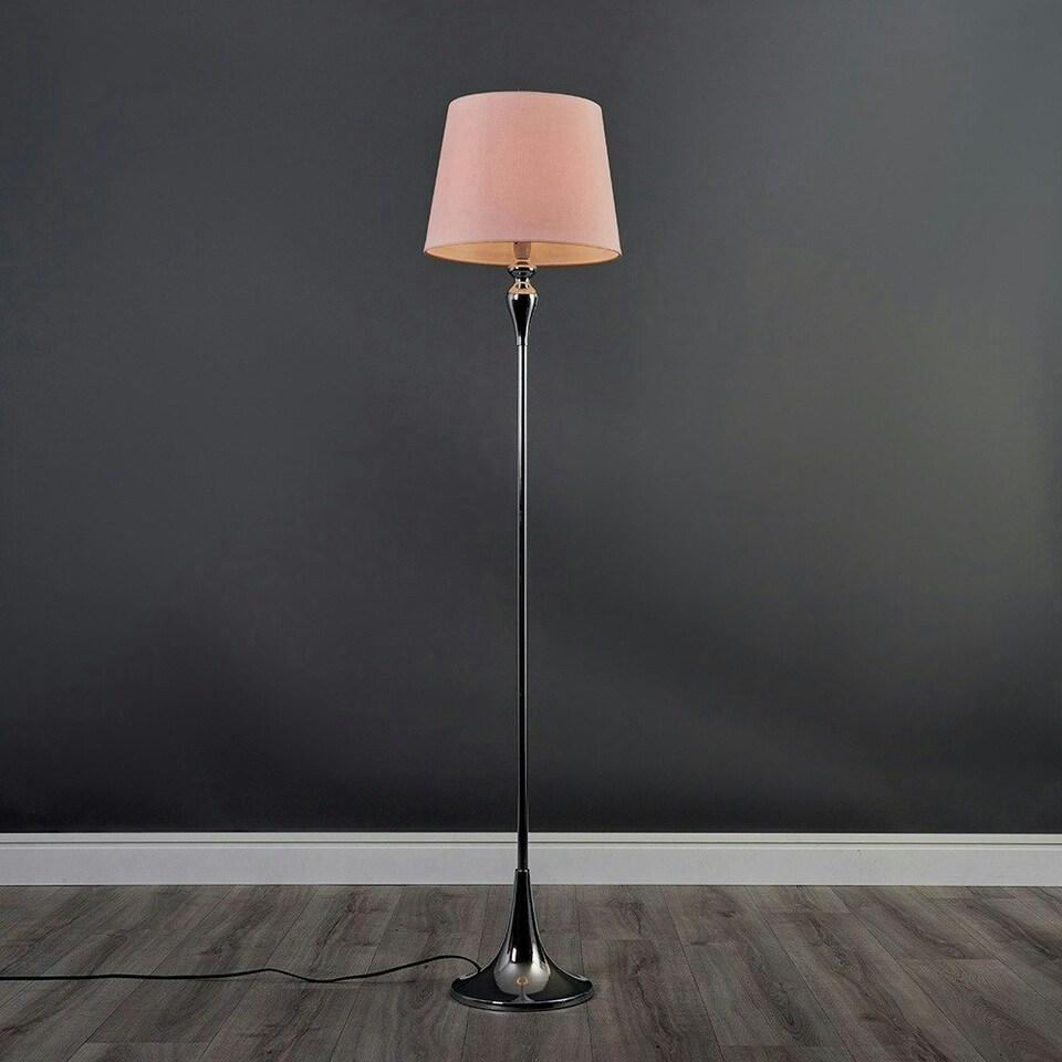 image 1 of ValueLights Faulkner Polished Silver Floor Lamp with Medium Pink Tapered Shade and E27 GLS LED 10W Warm White 3000K Bulb