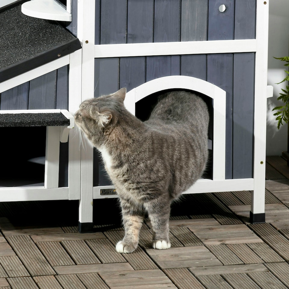 image 1 of PawHut Wooden Outdoor Cat House w/ Flower Pot, Windows, Multiple Entrances