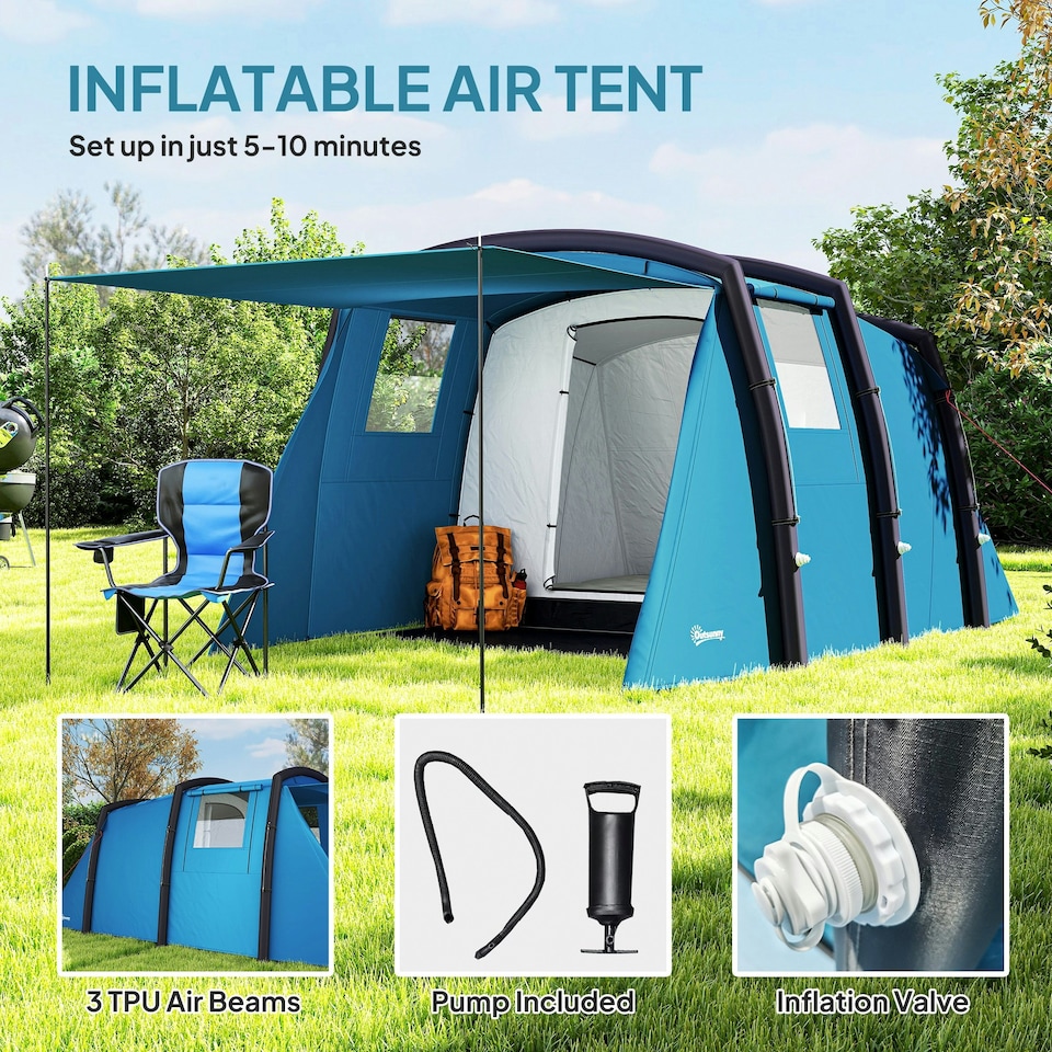 image 1 of Outsunny Inflatable 3-4 Man Tunnel Tent w/ Air Pump, Living Area 