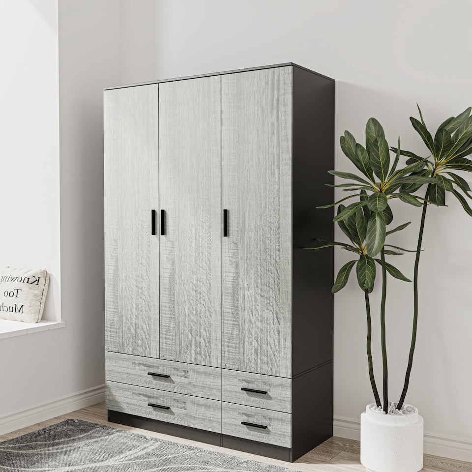 image 1 of 3 Door 4 Drawer Wardrobe With Hanging Rail And Storage Shelf | Black | Black Carcass & Ash Grey Door | 1