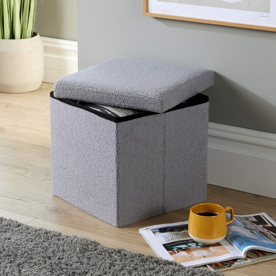image 1 of Folding Ottoman Cream Boucle Teddy Bear Fabric Chest Solid Storage Box | Grey | Grey
