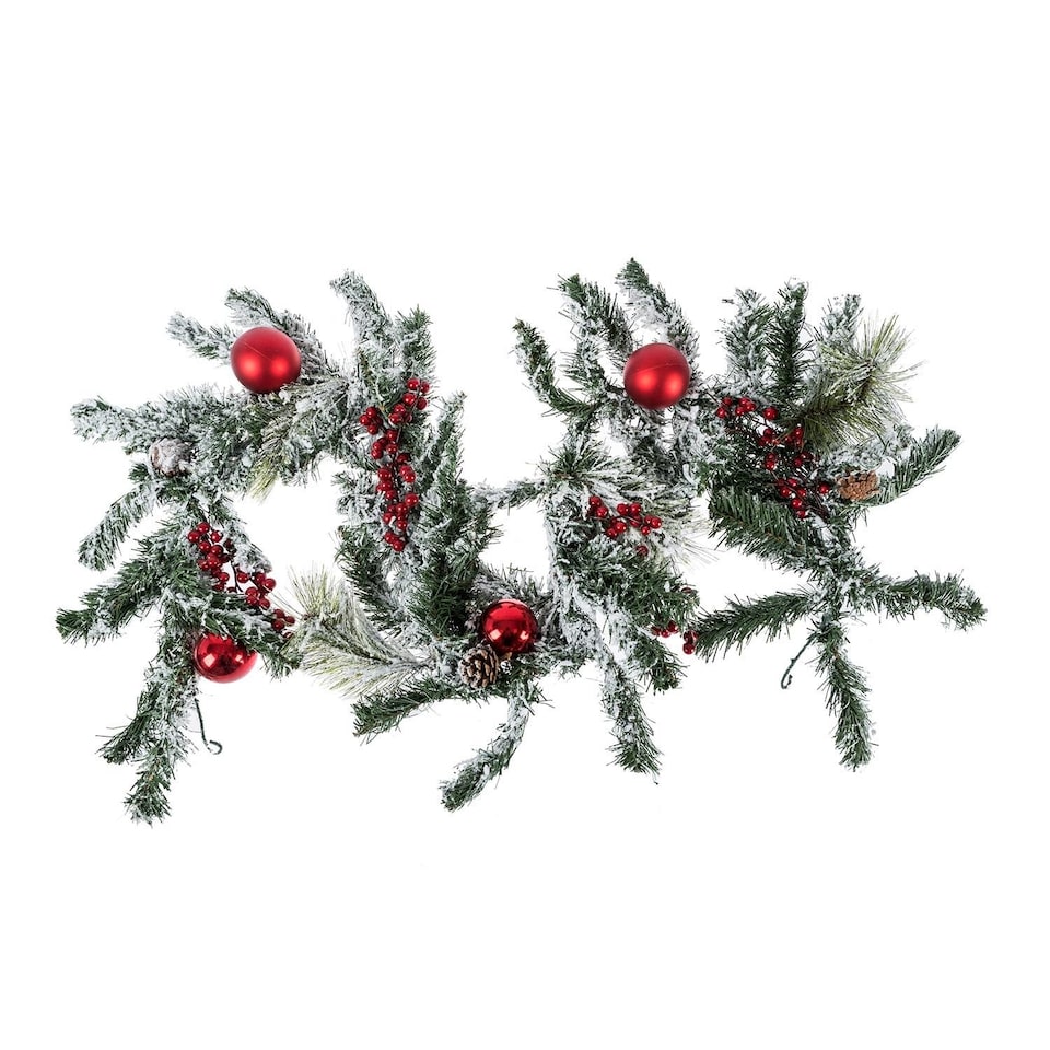 image 1 of Homescapes Frosted Artificial Christmas Garland with Red Baubles