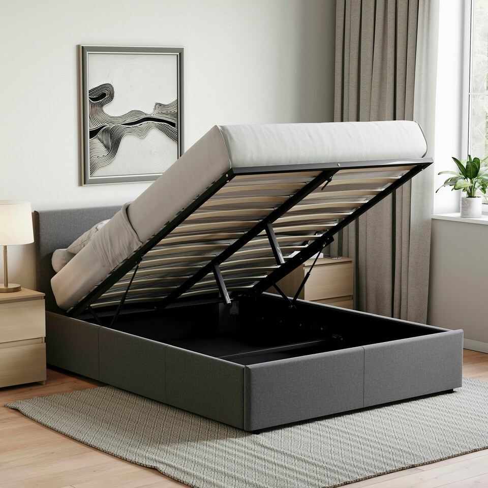 image 1 of Vida Designs Veronica 4ft6 Double Ottoman Bed Storage Fabric Upholstered, Dark Grey Linen, 135 x 190cm