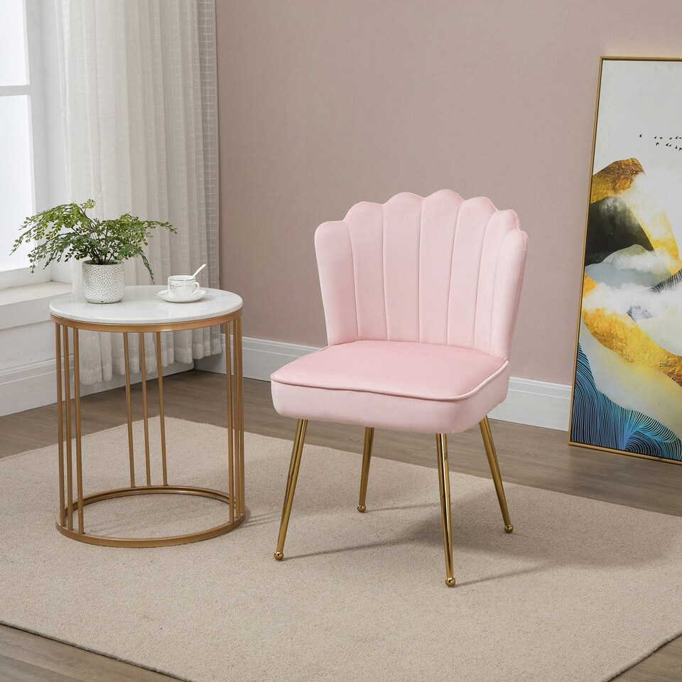 image 1 of HOMCOM Velvet-Feel Shell Accent Chair Home Bedroom Lounge Metal Legs Pink