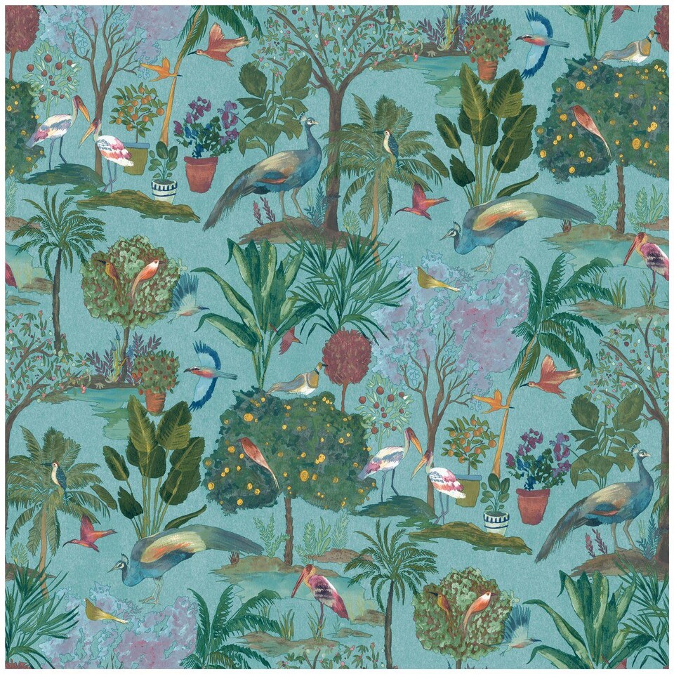 image 1 of Grandeco Exotic Garden Teal Wallpaper Birds Botanical Paste The Paper Exclusive