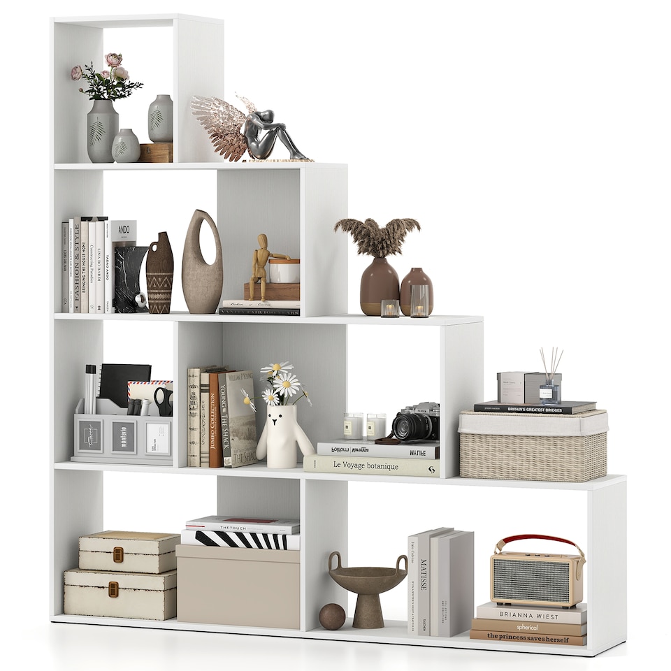 image 1 of COSTWAY 4 Tier Stepped Bookshelf Modern Ladder Bookcase 6 Storage Cubes White