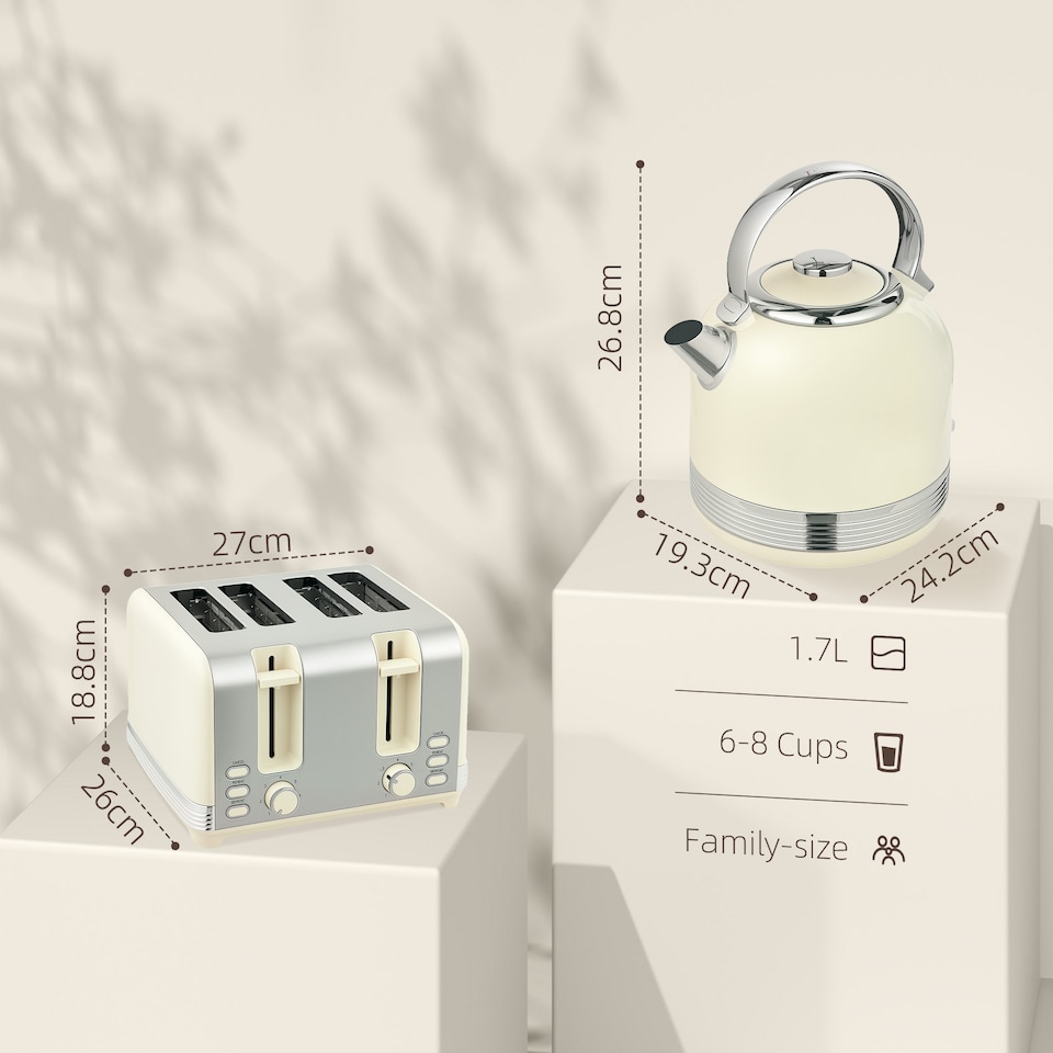 image 1 of HOMCOM Stainless Steel Kettle and Toaster Set, 1.7L 3000W Cordless Fast Boil Kettle, 4 Slice Toaster Kitchen Set with 7 Level Browning Controls, Defrost, Reheat and Crumb Tray, Cream White