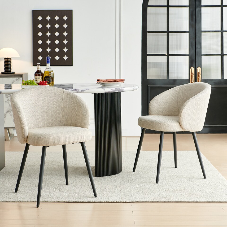 image 1 of SONARA Modern Set of 2 Chunky Weave Fabric Ergonomic Dining Chairs with Arms | White