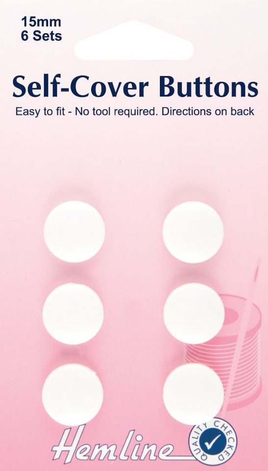Hemline White Plastic Self Cover Buttons for Dressmaking - 15mm - per pack of 6
