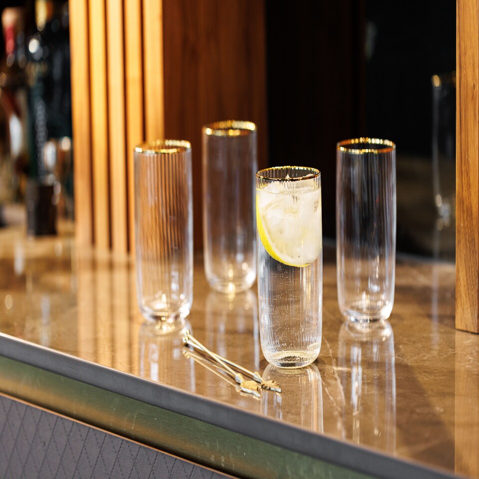 image 1 of Mikasa Highball Cocktail Glasses Set Clear Ridged Crystal 375ml Set of 4