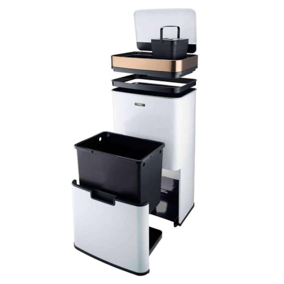 image 1 of Cooks Professional Recycling Sensor Bin 75L with Dual Compartments & Food Caddy | White | White & Copper