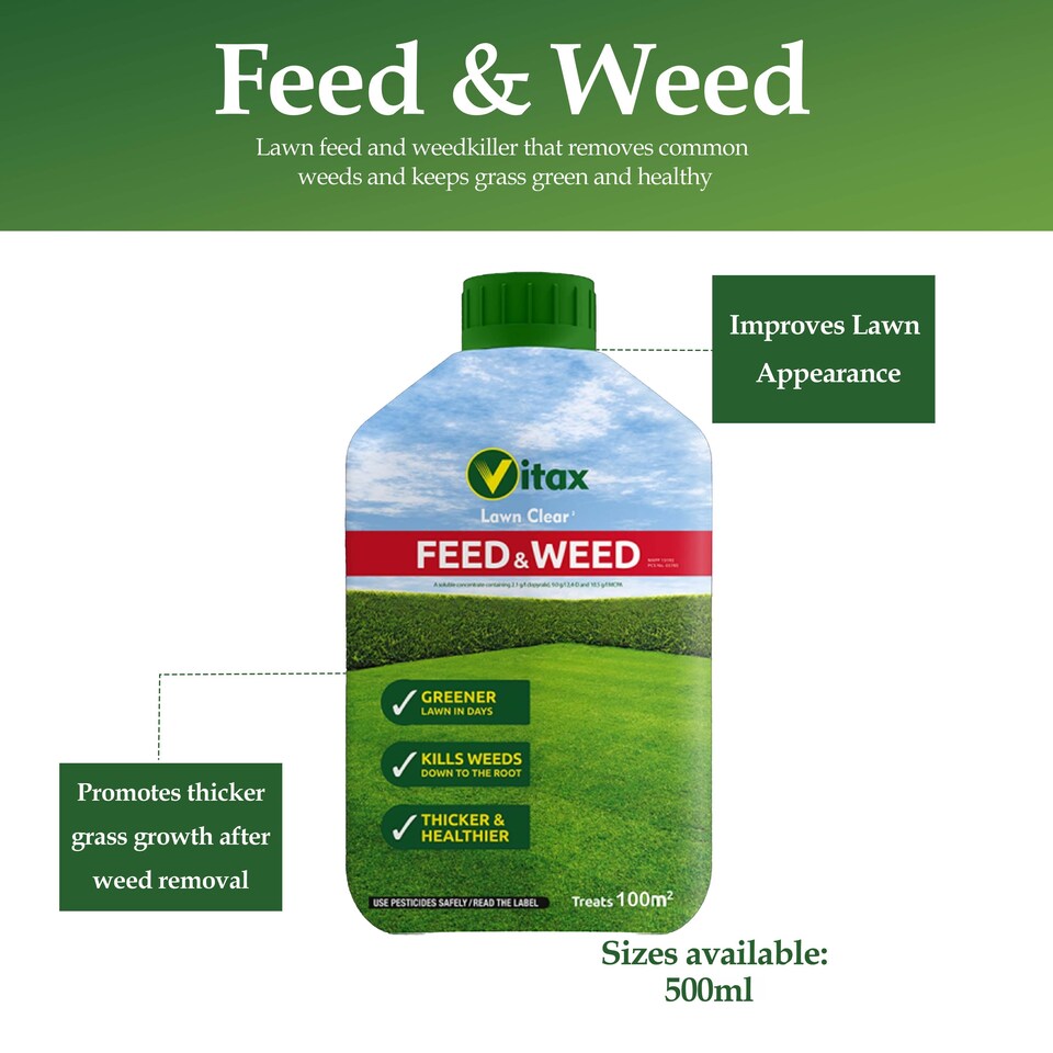 image 1 of Vitax Feed & Weed 500ml Lawn Fertiliser & Weed Control for Strong Healthy Lush Green Lawn with Dense Growth Covers 100 Square Metres