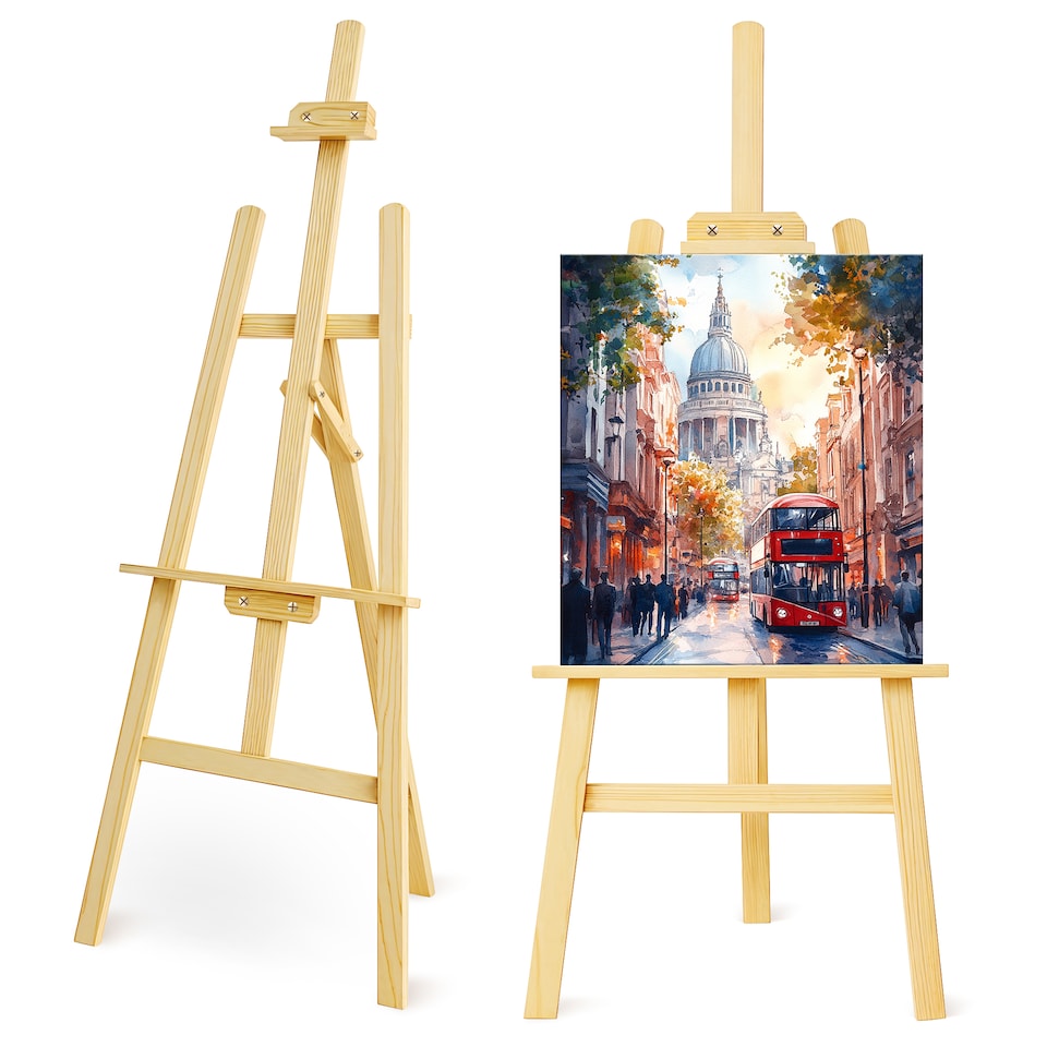 image 1 of 1.5m Adjustable A-Frame Studio Easel, Natural Pine Wood Folding Stand