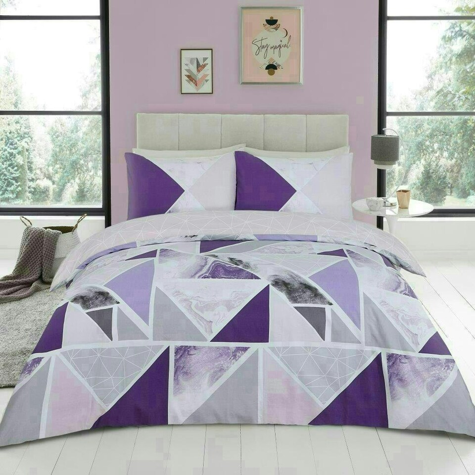 image 1 of VELVETIO Mila Geometric Duvet Cover Set Reversible Polycotton Easy Care Beddings Purple | Single