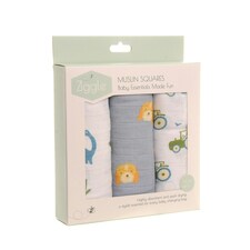 Ziggle Muslin Square 3 Pack - Blue - Tractor, Dinosaur & Dog