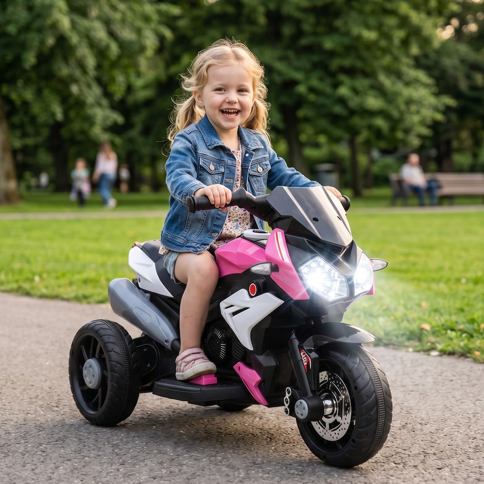 image 1 of HOMCOM Kids Electric Motorcycle with 3 Wheels, Headlight, Music, Horn, Pink