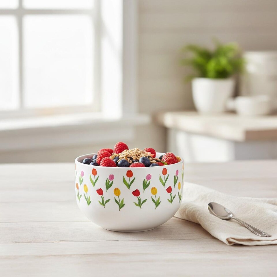 image 1 of Tulips Print Ceramic Bowl - Set of 4