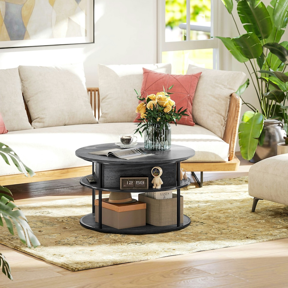 image 1 of HOMCOM Lift Top Coffee Table, Round Coffee Table with Hidden Storage, Grey Grey