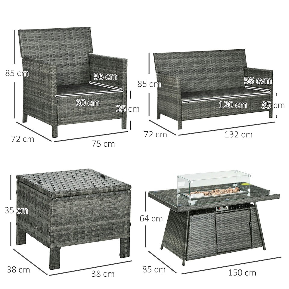 image 1 of Outsunny Rattan Garden Furniture Sofa Set Armchairs Fire Pit Table