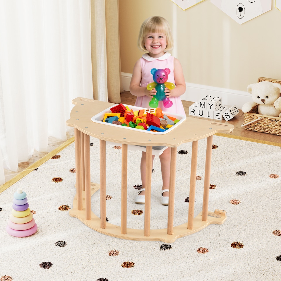 image 1 of COSTWAY Kids Montessori Wooden Climber Toy Climbing Arch Sensory Table-Natural