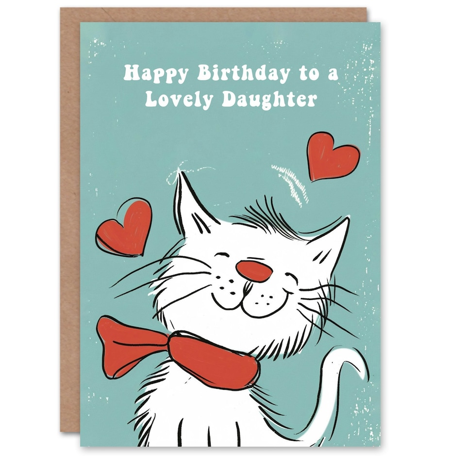 image 1 of White Scarf Drawing Love Hearts Cat Daughter Birthday Card