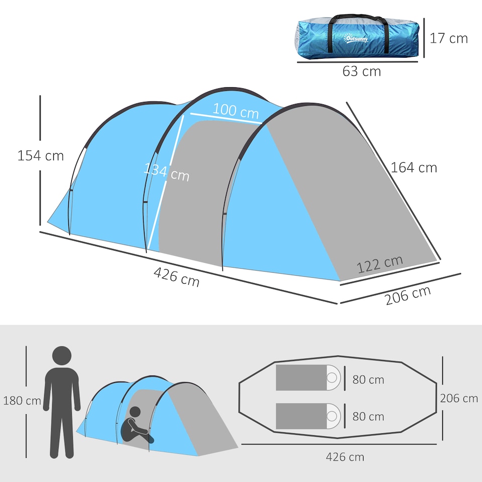 image 1 of Outsunny 3 Man Camping Tent with 2 Rooms Porch Vents Rainfly Weather-Resistant