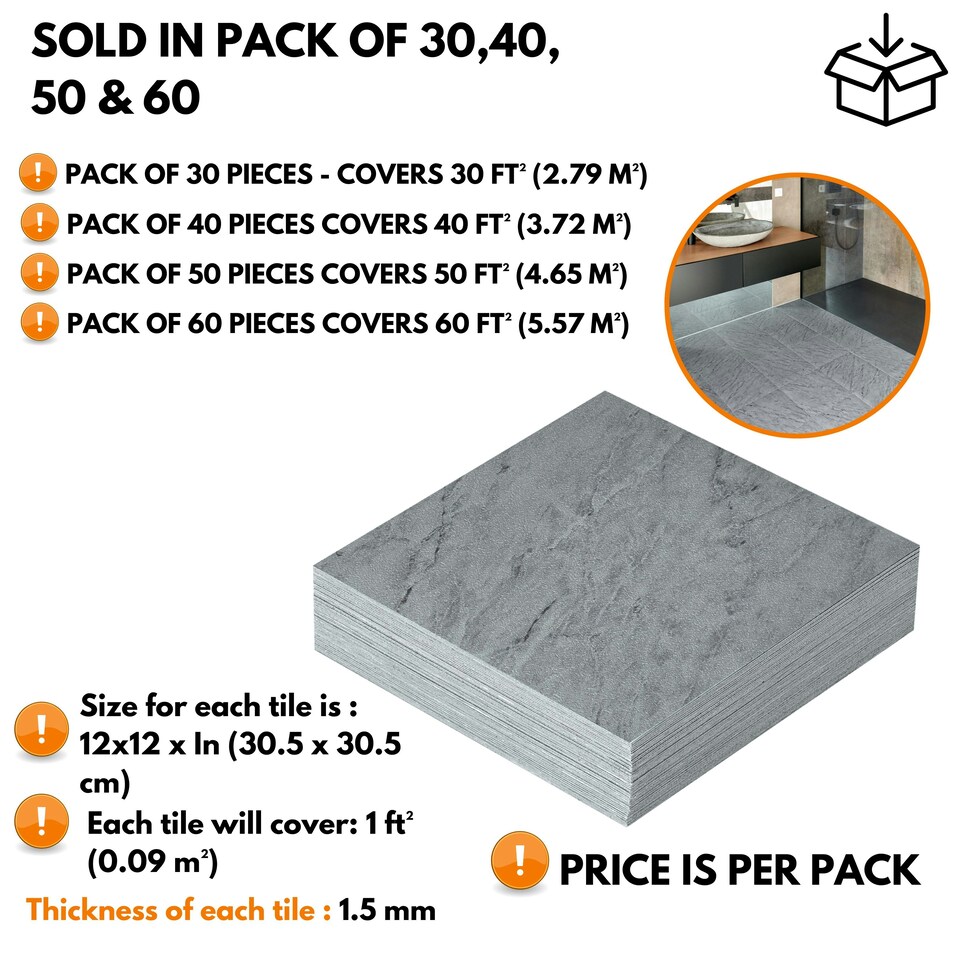 image 1 of Vinyl Floor Tiles Self Adhesive – 30 Pack Covers 30 sqf (2.79sqm) – 12x12in (30.5x30.5cm) Waterproof Peel & Stick Vinyl Flooring for Kitchen, Bathroom & Home Grey Marble