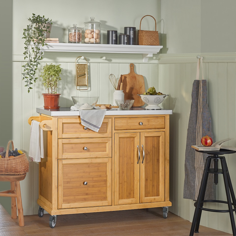 image 1 of SoBuy Kitchen Storage Trolley with Stainless Steel Top, Bamboo, 45.3x18.1x36.2 in, 23.9 kg - FKW70-N