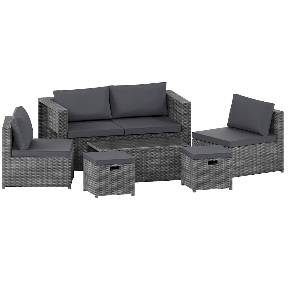 image 1 of Garden Vida Islay 6 Seater Rattan Outdoor BBQ Patio Set with 2 Seater Sofa, 2x Chairs, 2x Stools, Glass Top Coffee Table - Grey