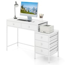 COSTWAY Computer Desk with 5 Drawers and Side File Cabinet White White