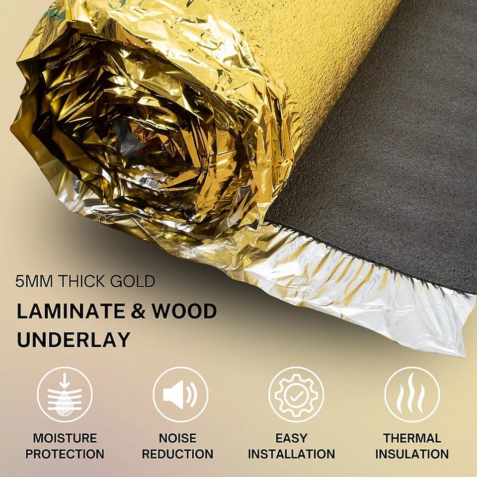 image 1 of 5mm Gold Laminate Underlay Foil Damp Proof Membrane Moisture Barrier Underlayment Cover Covers 15m²(1 x Roll)