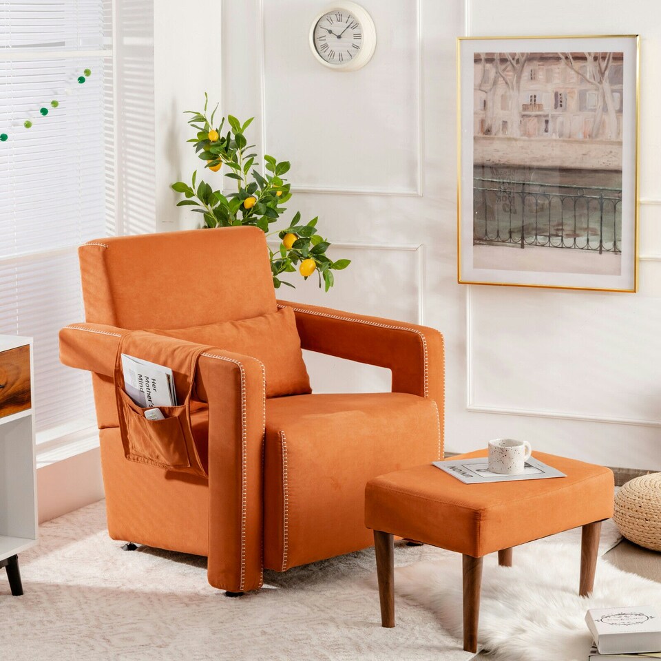 image 1 of COSTWAY Modern Accent Sofa Chair with Ottoman Upholstered Orange Orange