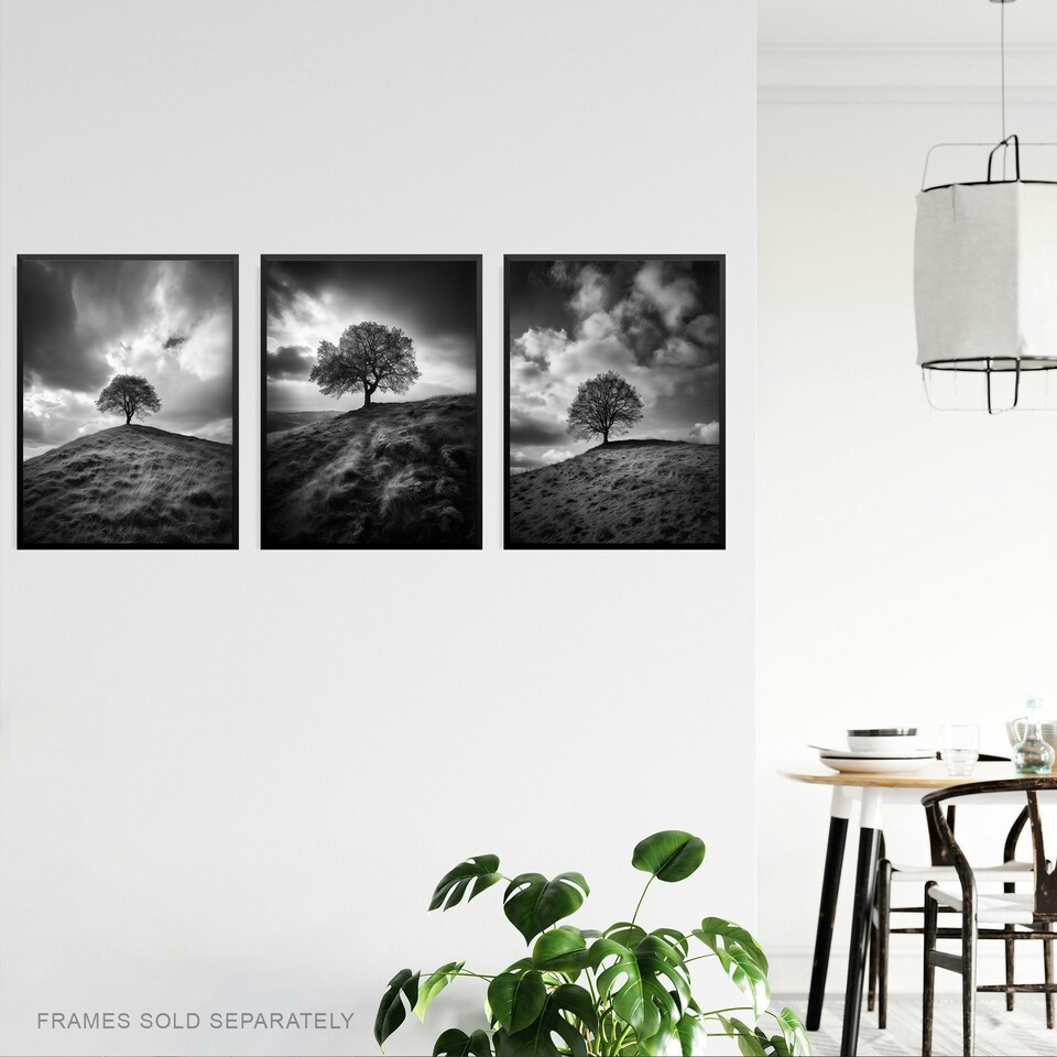 image 1 of Set of 3 Tree Hill Black White Photographs Countryside Landscape Wall Art Print A4