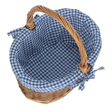 Small Blue Checked Lined Country Oval Wicker Shopping Basket | Blue | Blue