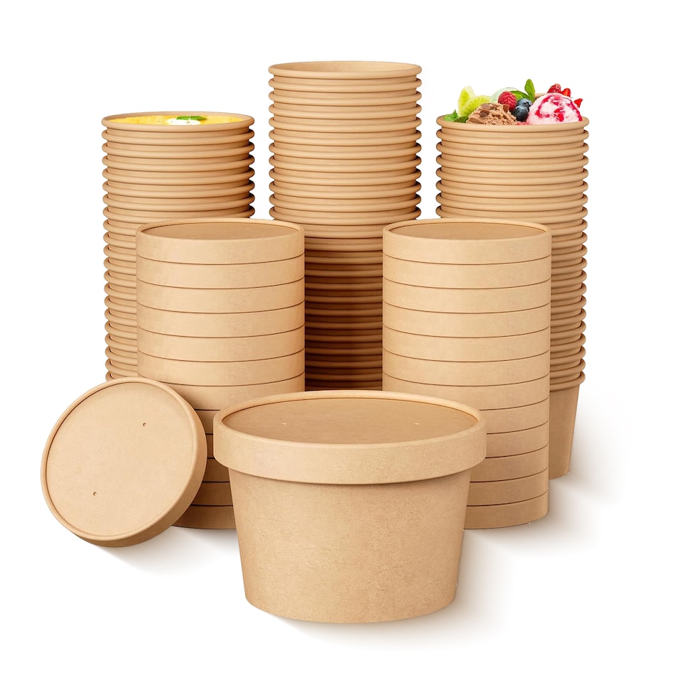 image 1 of ECONX 8oz Disposable Paper Soup Cups Food Containers with Lids Takeaway Tubs 50pc