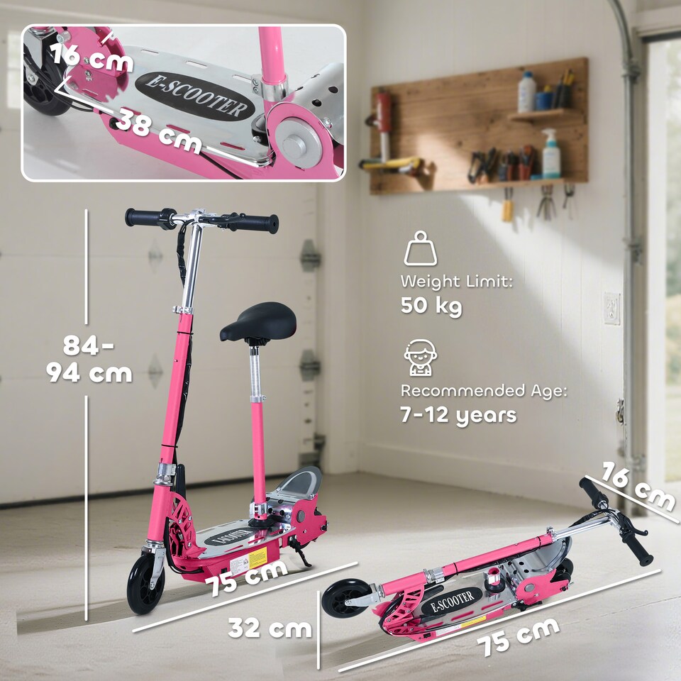 image 1 of HOMCOM Foldable Powered Scooter with Adjustable Seat, Brake | Pink