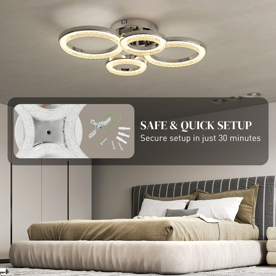 image 1 of HOMCOM LED Ceiling Light, Modern 4 Rings Ceiling Lamp with Wall Switch Control, 40W 4350lm Flush Mount Ceiling Light with 3500K/4500K/6000K Colour Temperatures for Living Room, Bedroom, Silver Tone | Silver