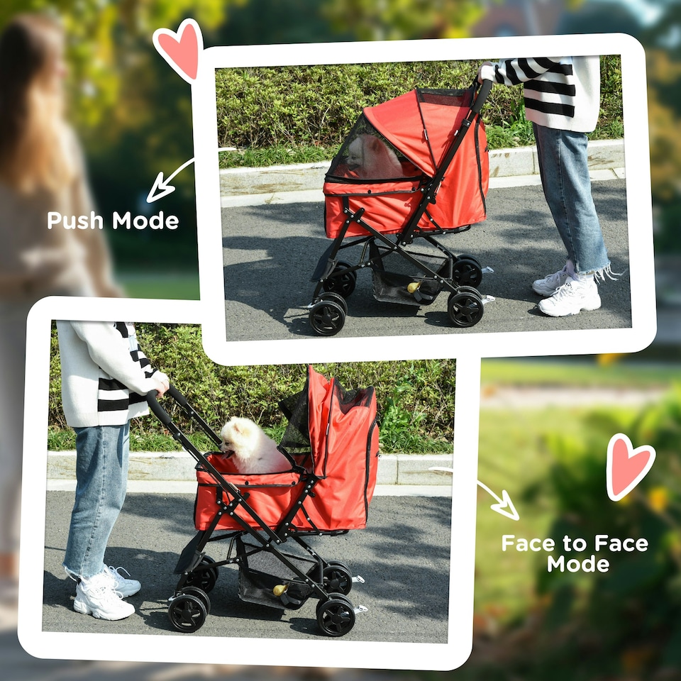 image 1 of PawHut Pet Stroller Dog Foldable Travel Carriage with Reversible Handle, Red