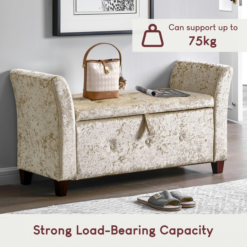 image 1 of Vida Designs Seville Storage Ottoman Bedroom Hallway Chest Bench, Crushed Velvet Champagne | Gold | Crushed Velvet Champagne | One Size