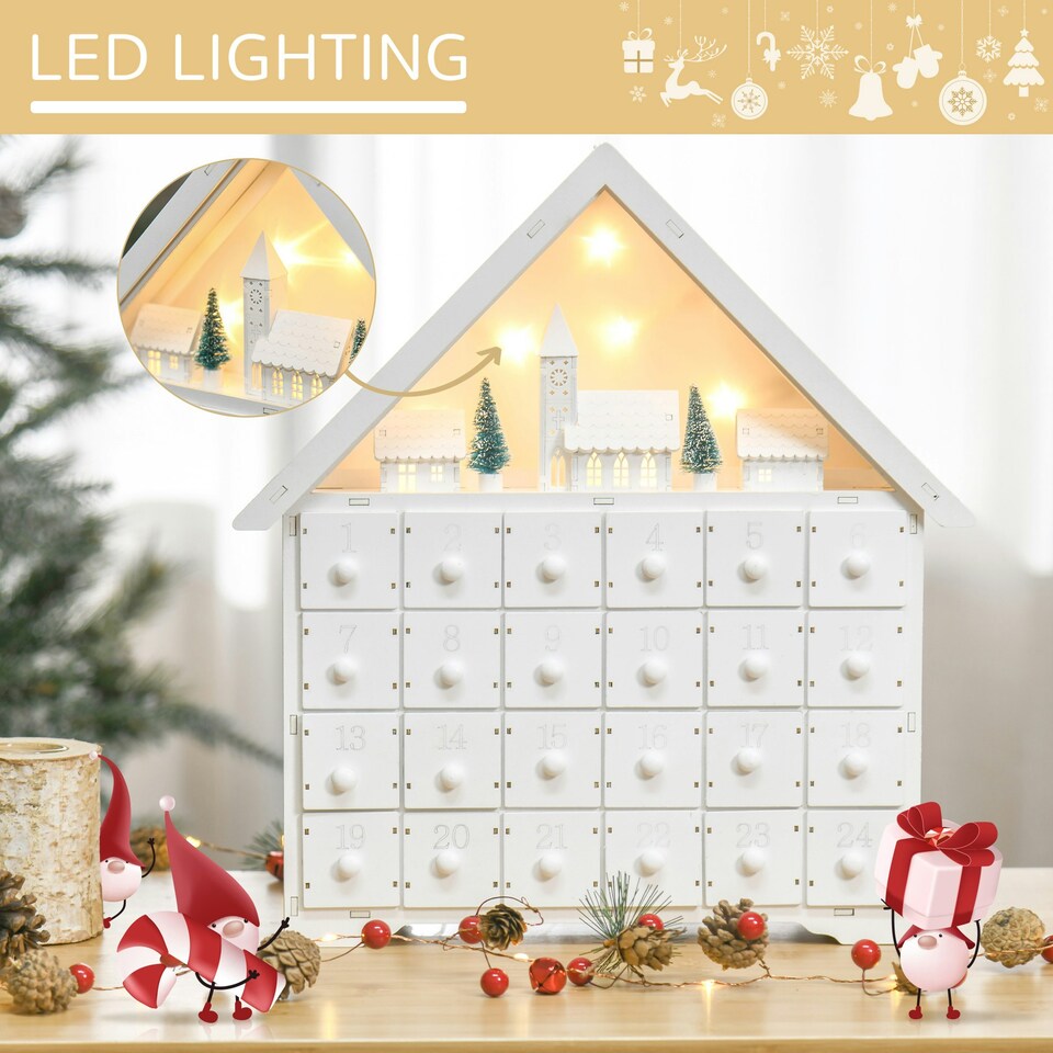image 1 of HOMCOM 24-Drawer Wooden Christmas Advent Calendar, Wooden Light-Up Decoration