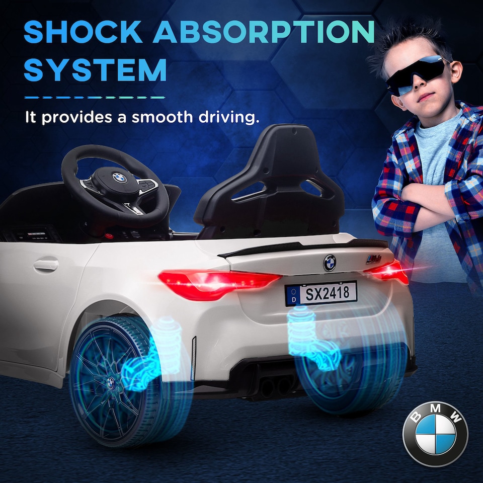 image 1 of AIYAPLAY BMW M4 Licensed Electric Car for Kids, 12V Kids Electric Ride on with Remote Control, Suspension, Music, Horn, LED Lights, for Ages 3-5 Years, White