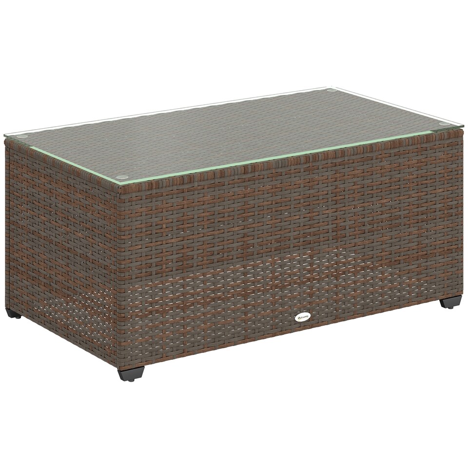 image 1 of Outsunny Outdoor Coffee Table, Glass Top Rattan Side Table, Brown