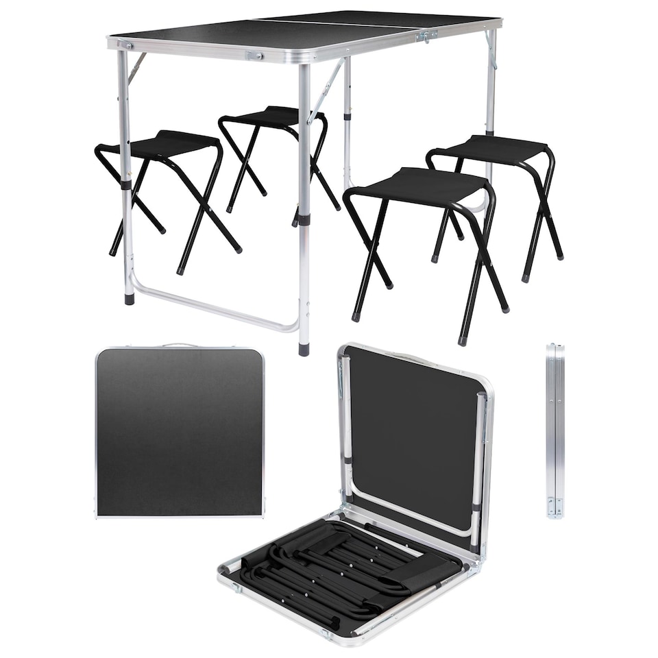 image 1 of Harbour Housewares 5pc Height Adjustable Folding Picnic Table & Chairs Set - Black - Portable Outdoor Garden Camping Furniture