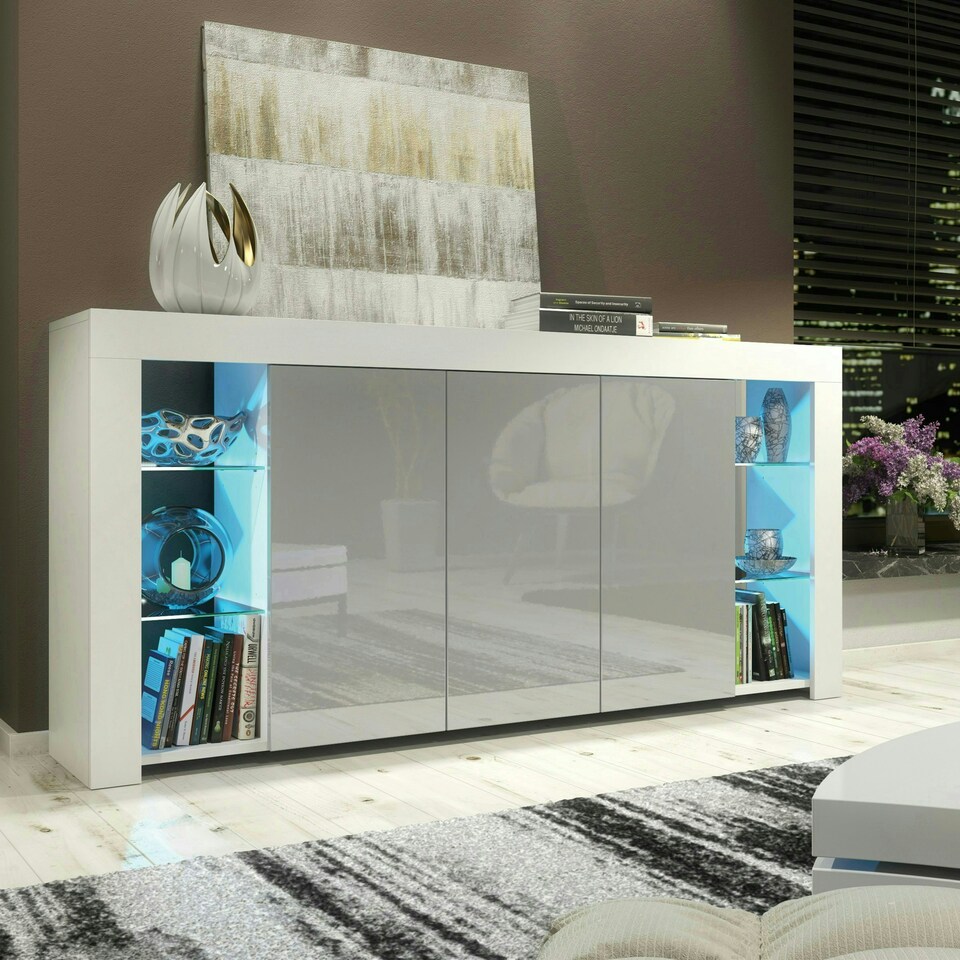 image 1 of Sideboard 164cm Grey Gloss Doors White Matt Body Free LED White | Grey