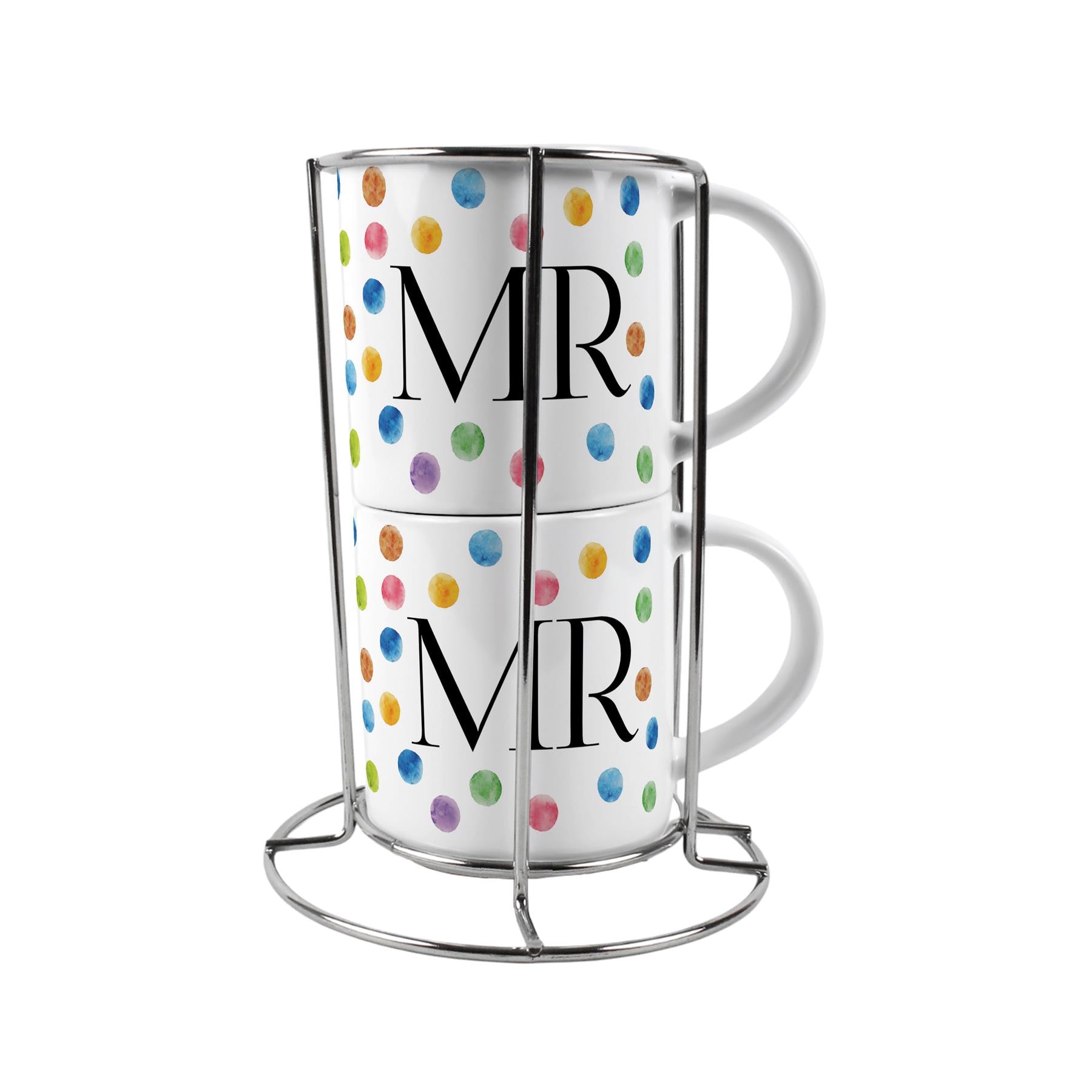 Mr & Mr Stacking Mugs Set - Multicolour Polka Dots LGBTQIA+ Gifts for Couples Ceramic Cups Set of 2 with Metal Stand White