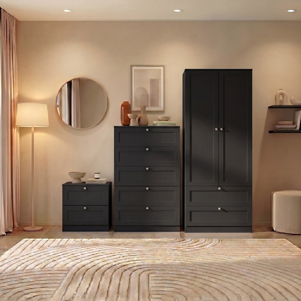 image 1 of Vida Designs Altino 3 Piece Bedroom Set (2 Drawer Bedside, 5 Drawer Chest, 2 Door 2 Drawer Wardrobe), Black