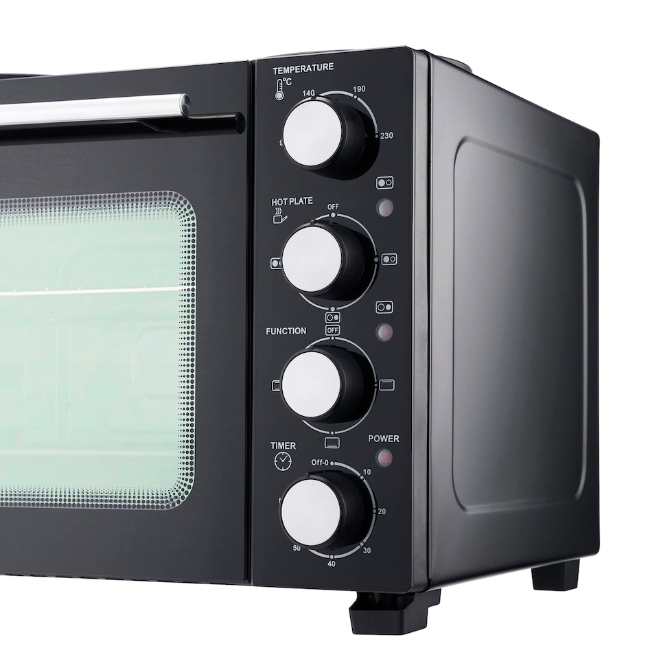 image 1 of Cooks Professional 28L Mini Oven with 2 Hobs - Electric Multifunction Countertop Cooker | Black | Black & Silver